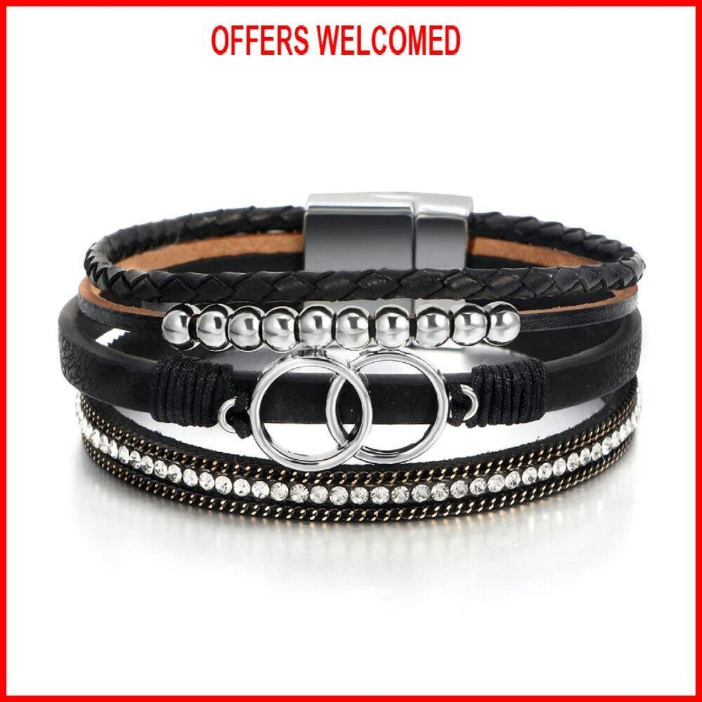 Leather Wrap Bracelet with Pearl Crystal Beads, Magnetic Clasp, 7.67 Inches